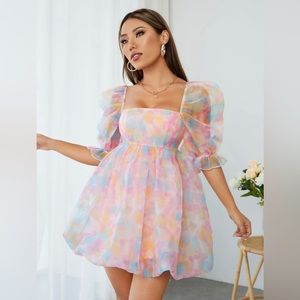 SHEIN PETITE Tie Dye Square Neck Puff Sleeve Organza Dress